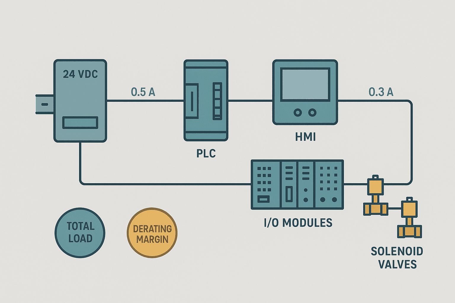 24 VDC power supply sizing diagram showing load tally and derating margin for a PLC control panel