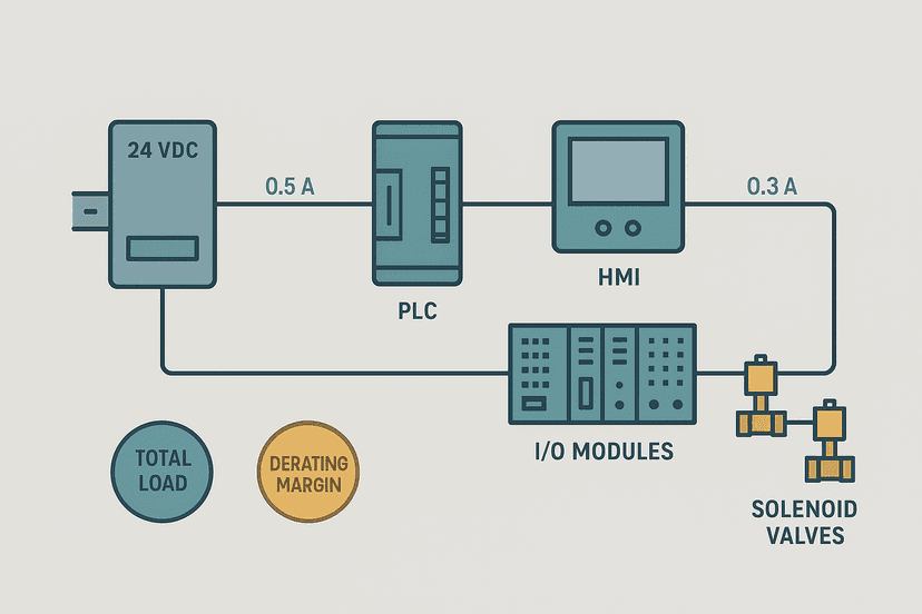 24 VDC power supply sizing diagram showing load tally and derating margin for a PLC control panel