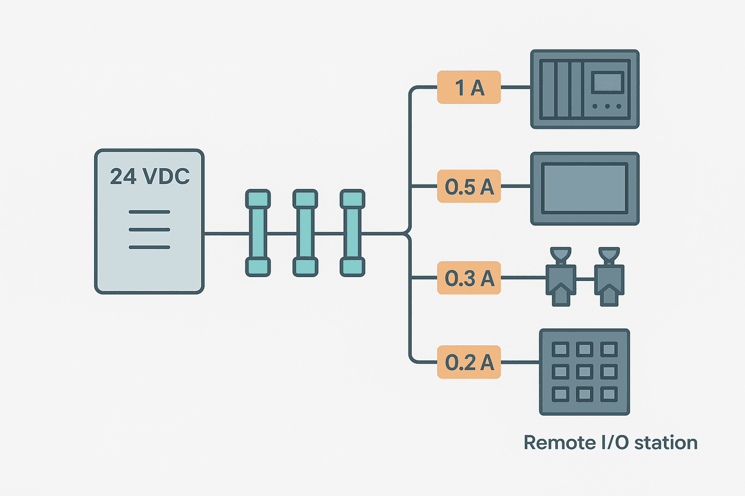 24 VDC power supply distribution with individual branch fusing for PLC, HMI and solenoid loads