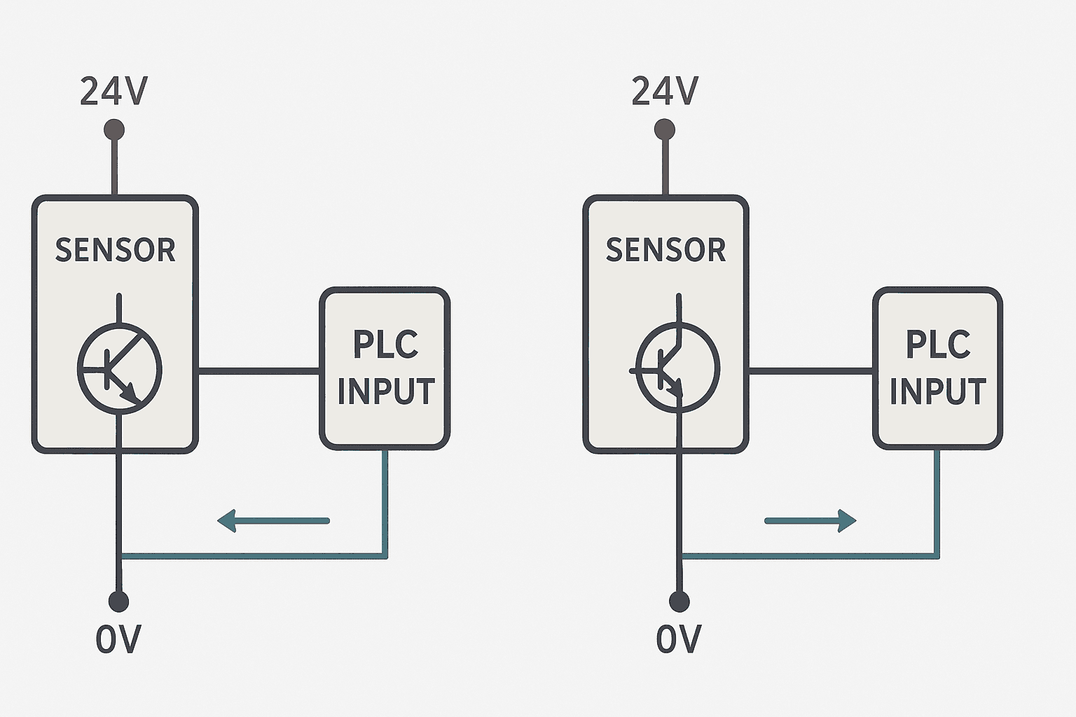 PNP sourcing sensor and NPN sinking sensor current flow direction to PLC input