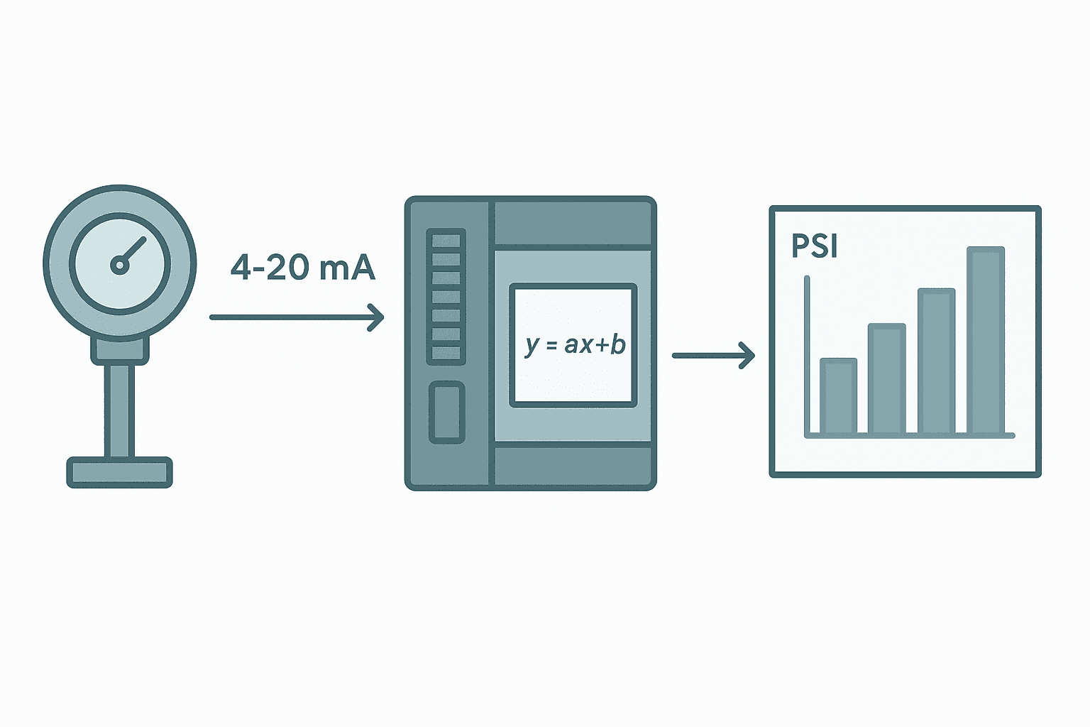 4-20 mA scaling formula diagram showing PLC analog input conversion to engineering units