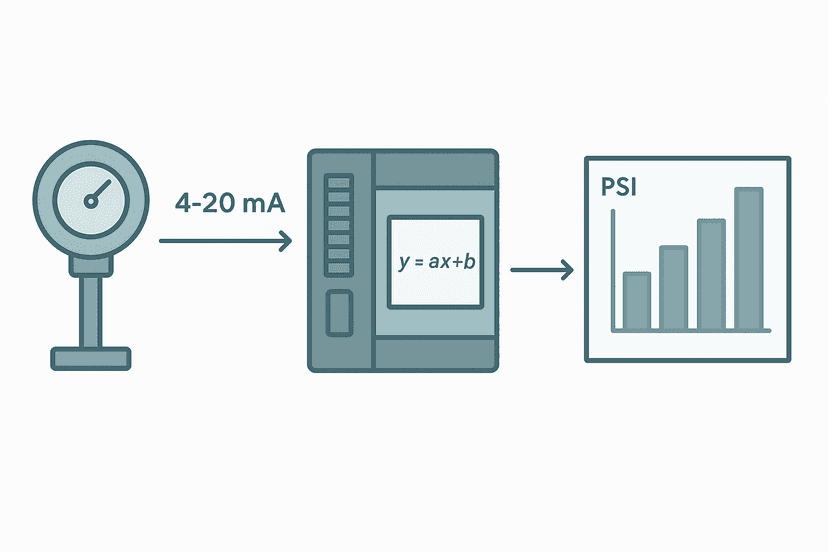 4-20 mA scaling formula diagram showing PLC analog input conversion to engineering units