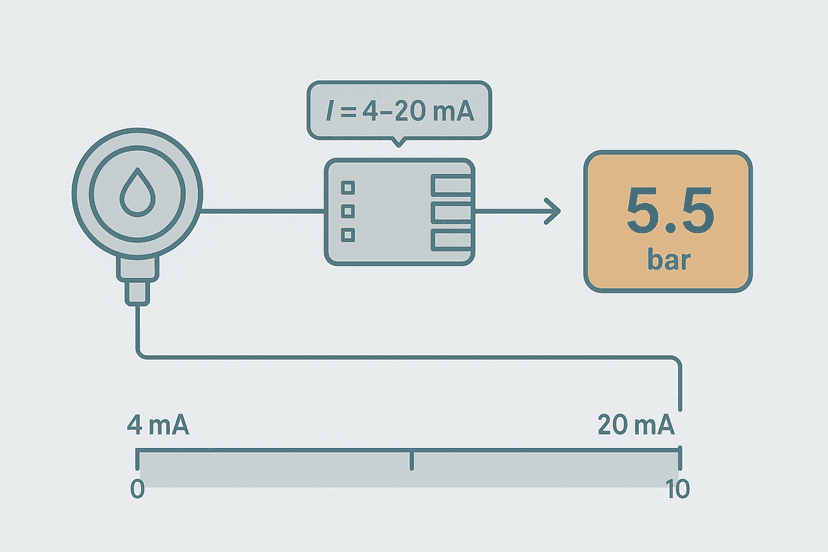 4-20 mA scaling in a PLC diagram showing raw count to engineering unit conversion