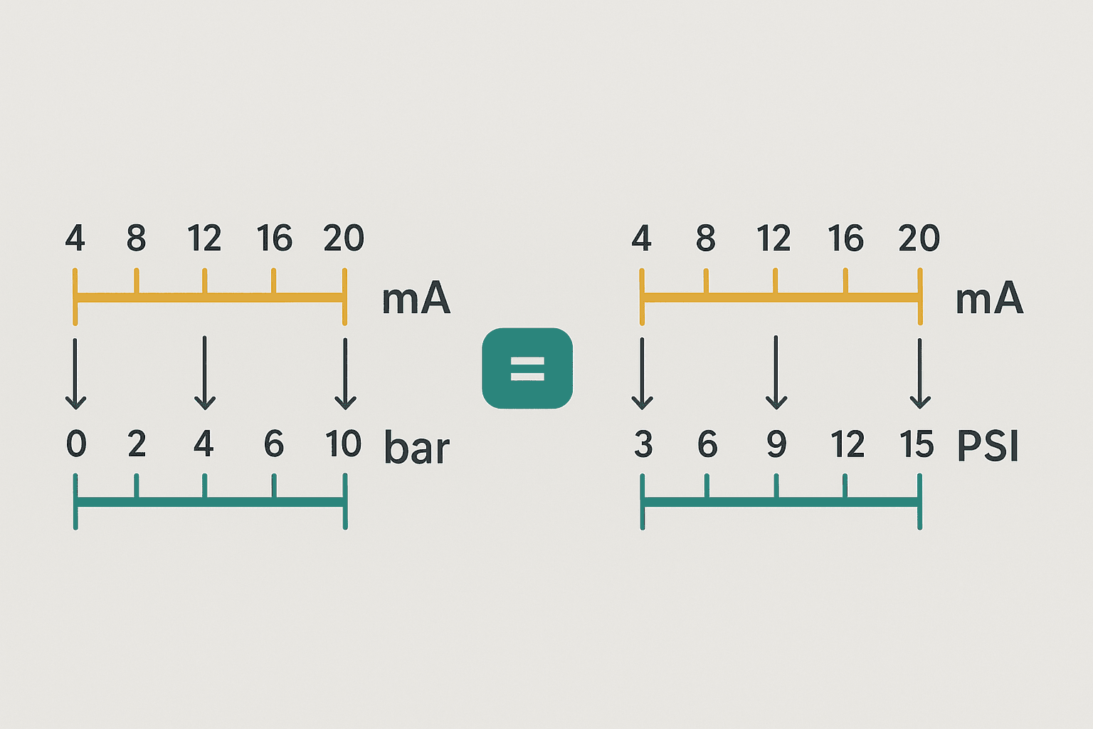 4-20 mA scaling diagram comparing 0-10 bar and 3-15 PSI engineering unit spans