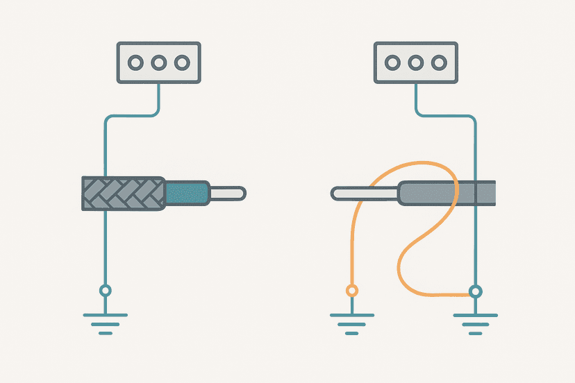 Cable shield grounding diagram showing single-end versus both-end termination for PLC panel wiring