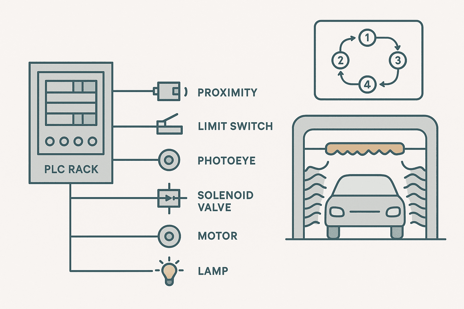 Car wash PLC ladder logic exercise diagram showing sensor inputs, state machine, and output devices