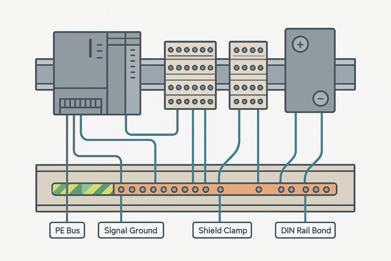 Control panel grounding diagram showing PE bus, signal ground, and shield termination for PLC panels