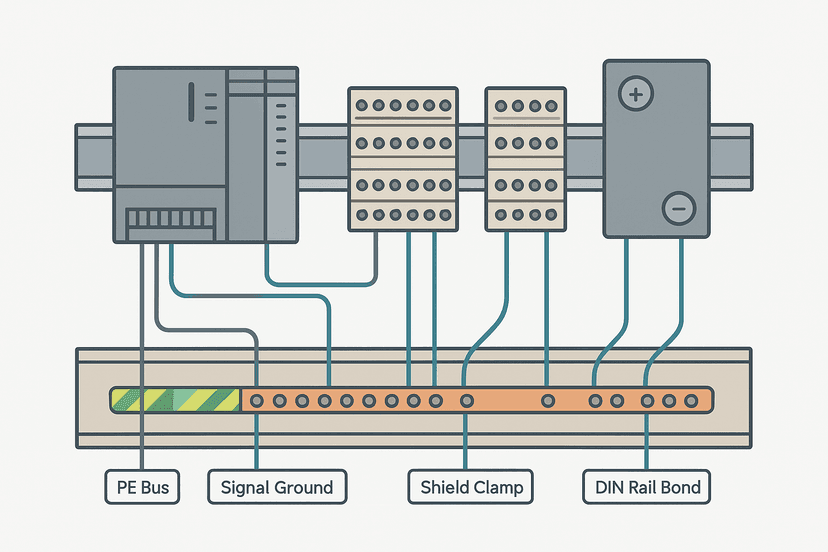 Control panel grounding diagram showing PE bus, signal ground, and shield termination for PLC panels