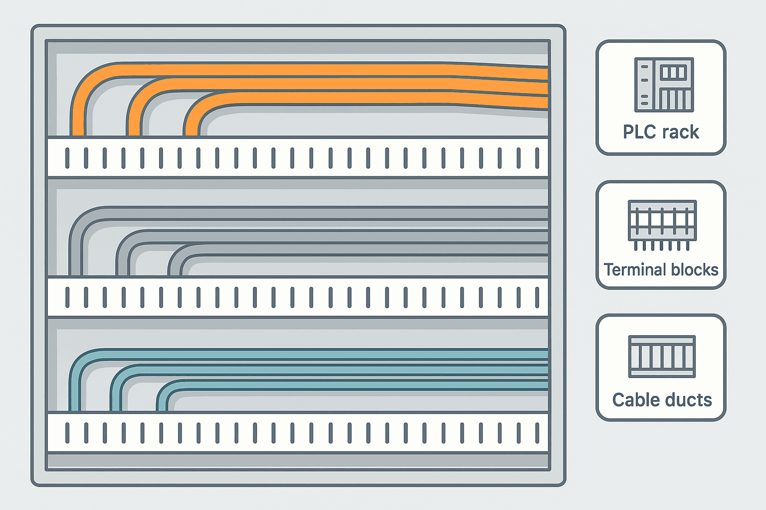 Control panel wire routing and segregation zones diagram showing power, control and signal cable separation