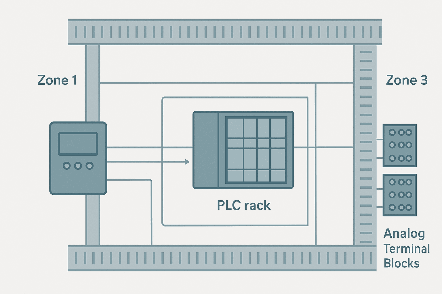 Control panel backplate layout diagram showing segregated wire routing zones for power control and signal cables