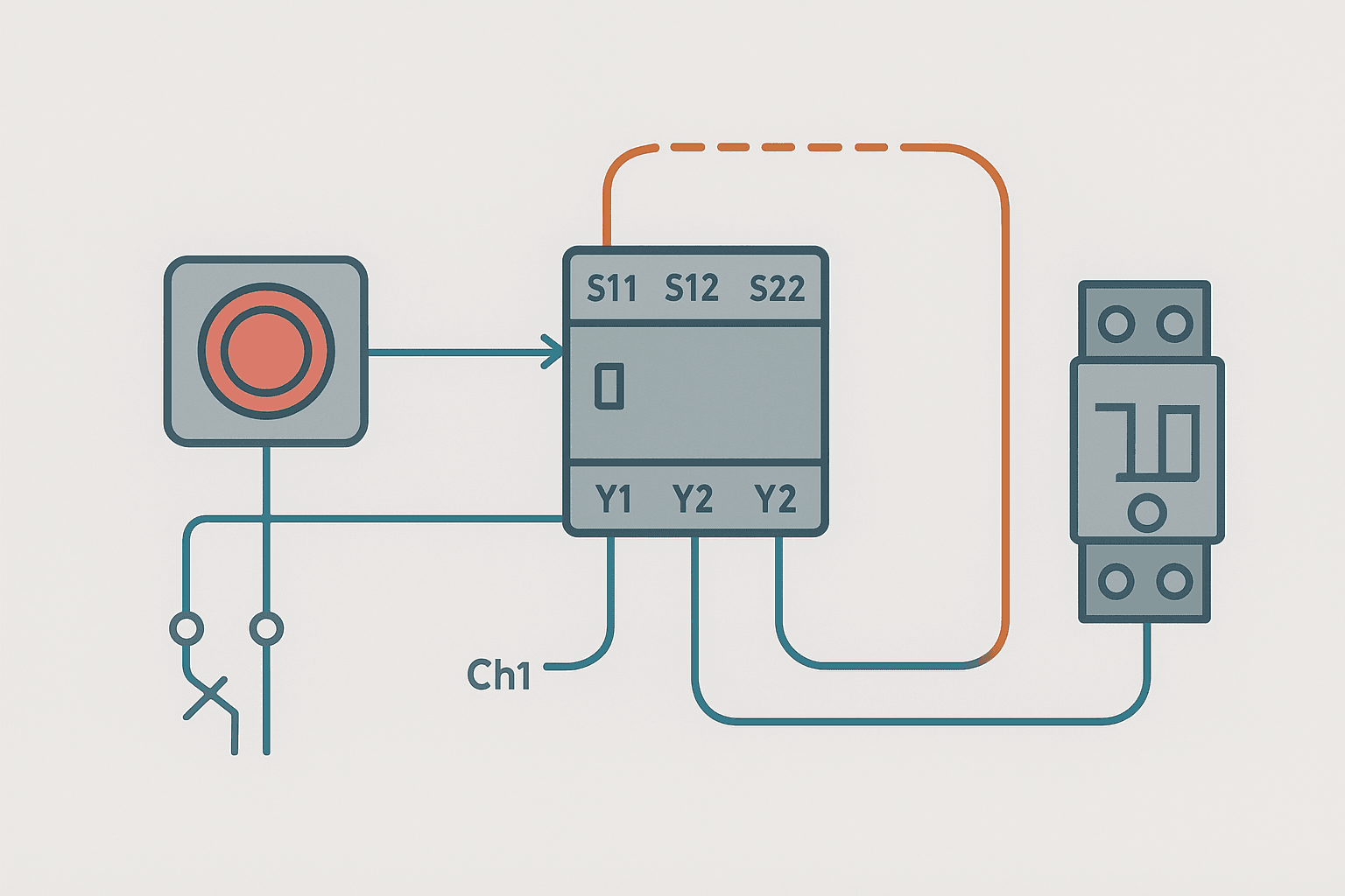 Dual-channel emergency stop circuit wiring showing two NC contacts, safety relay inputs, and feedback loop