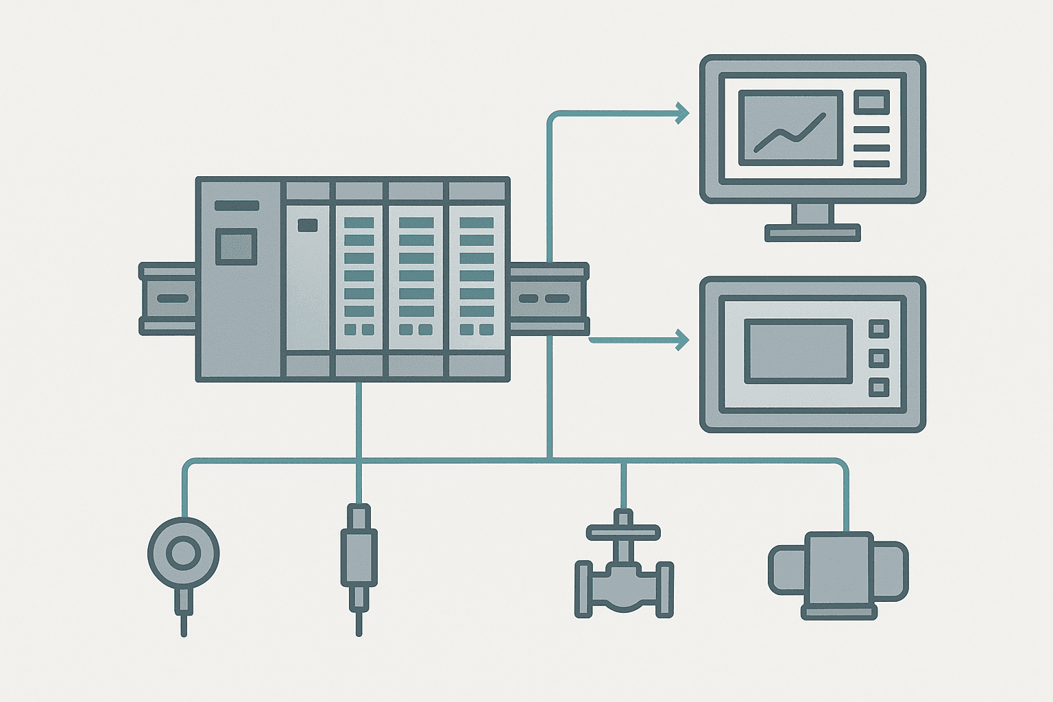 Flat vector architecture diagram of a PLC-based control system showing a central PLC rack connected to a SCADA workstation and field instruments via Ethernet and I/O wiring