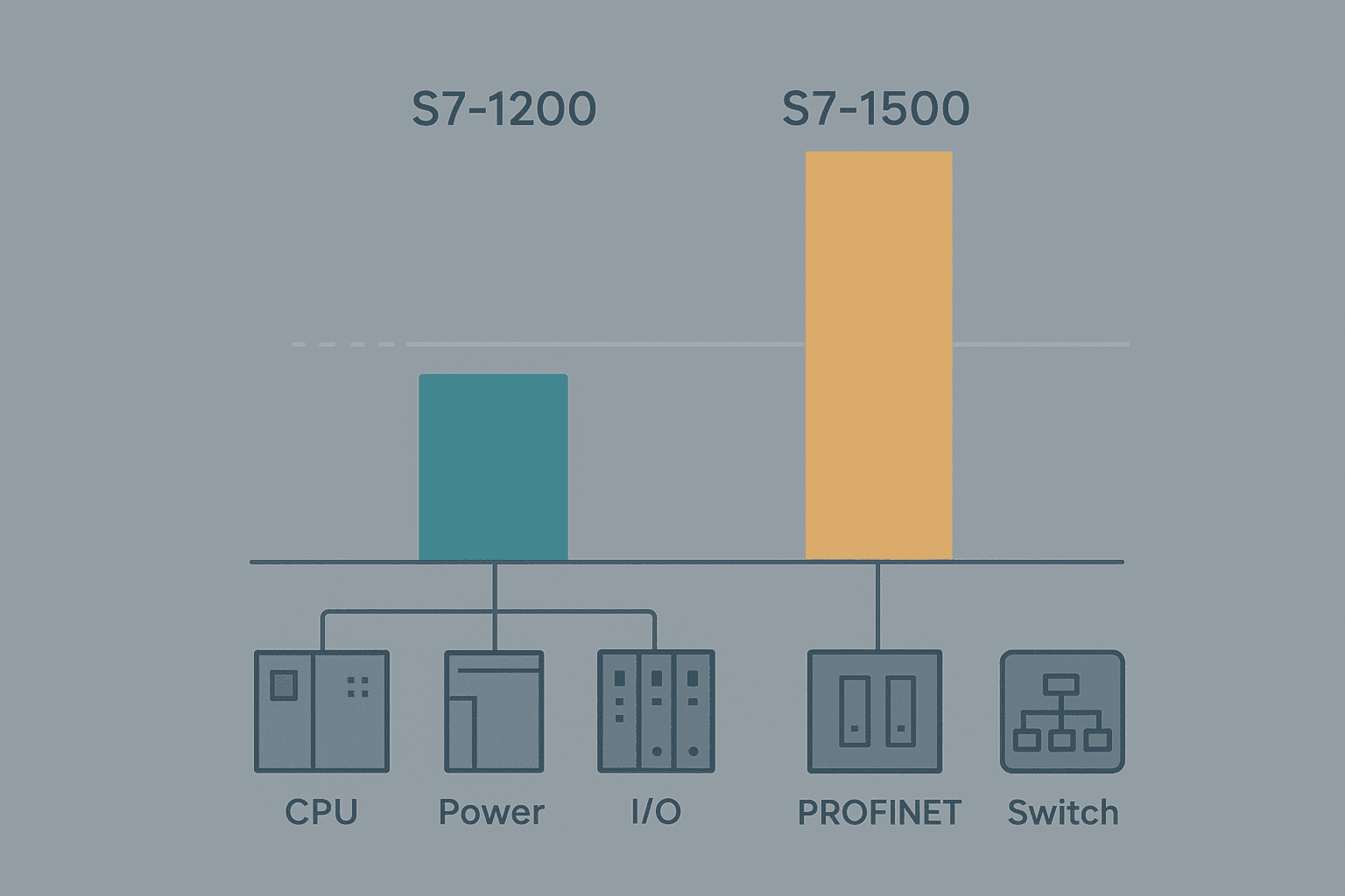 Flat vector bar chart comparing total system cost of a Siemens S7-1200 versus S7-1500 PLC build including CPU, power supply and IO modules