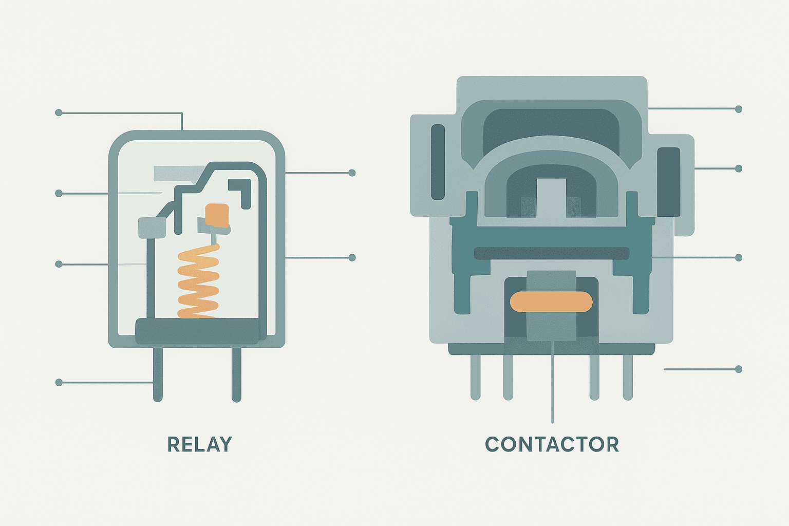 Flat vector cross-section diagram comparing internal construction of a control relay versus a 3-phase contactor, highlighting arc chambers and contact sizes