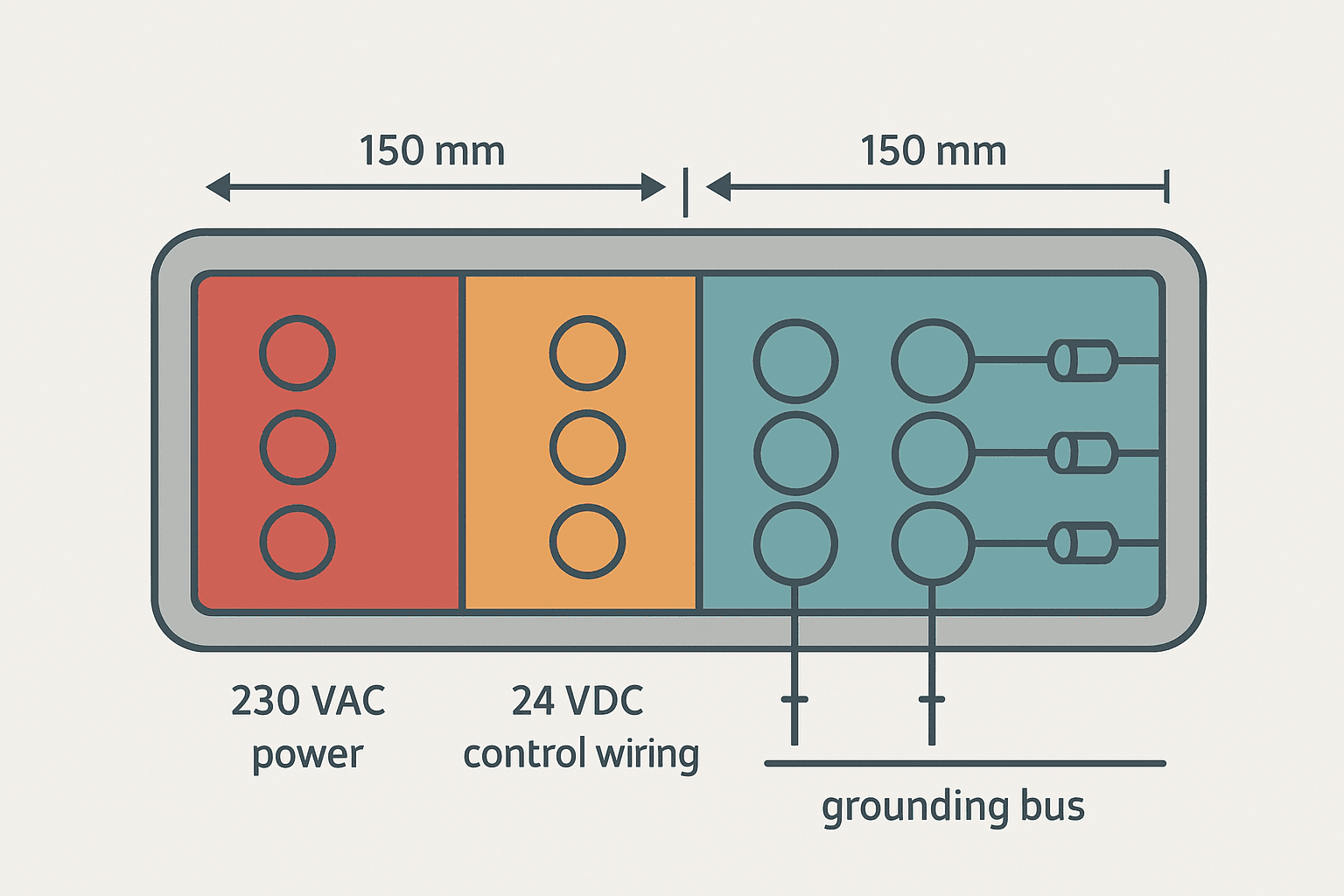 Flat vector cross-section diagram showing correct cable duct segregation of power, control and shielded analog signal cables in a PLC panel