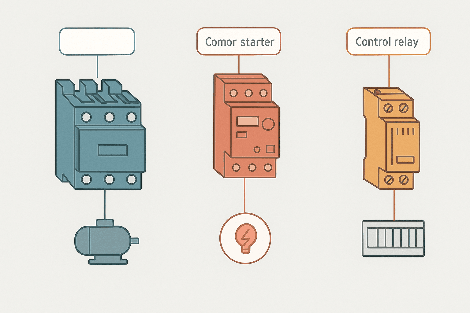 Flat vector diagram comparing a contactor, motor starter and control relay side by side with power terminal and load connection icons