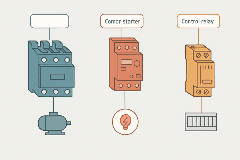 Flat vector diagram comparing a contactor, motor starter and control relay side by side with power terminal and load connection icons