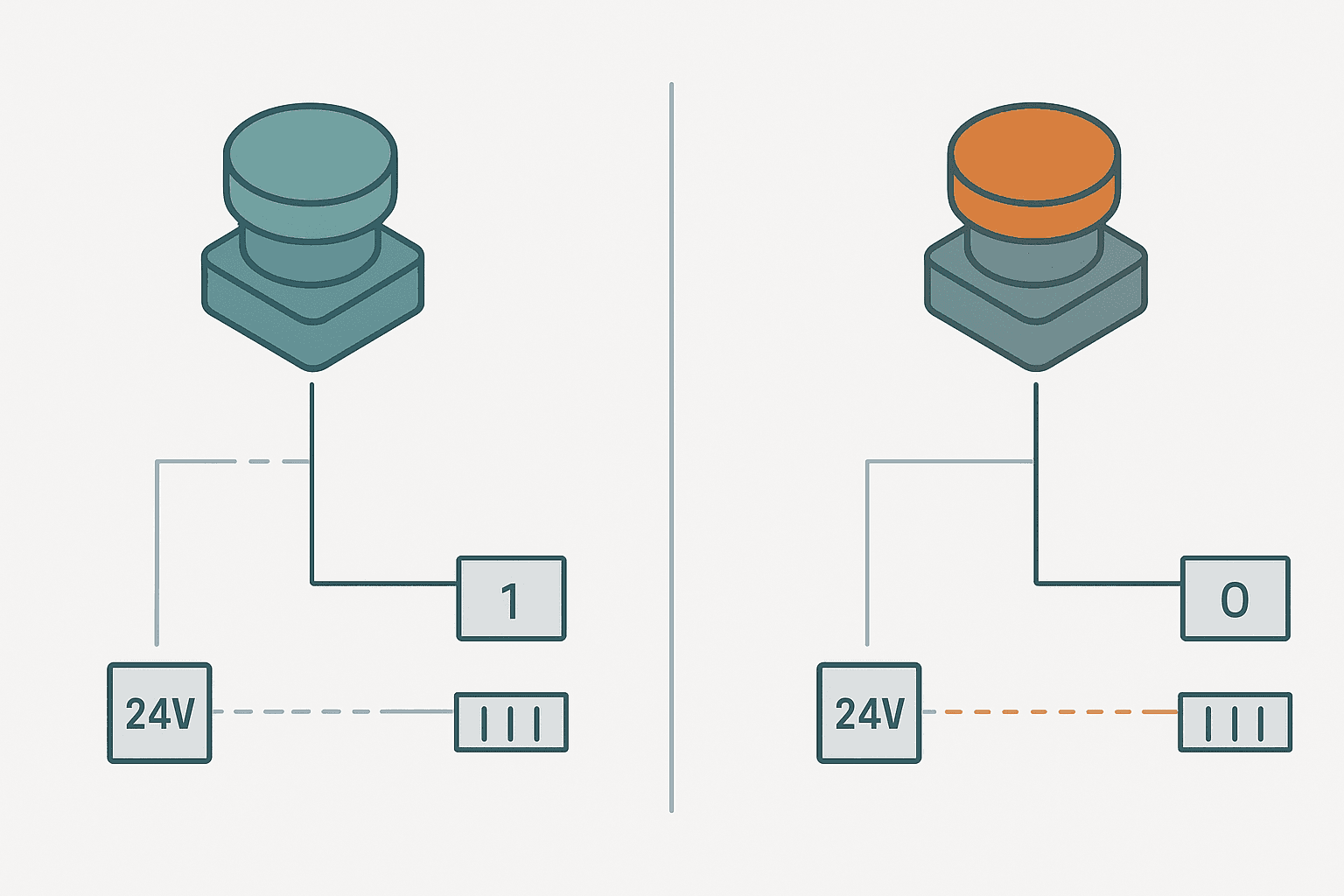 Flat vector diagram comparing a normally closed pushbutton wiring to a PLC input showing bit state 1 at rest versus a normally open pushbutton showing bit state 0 at rest