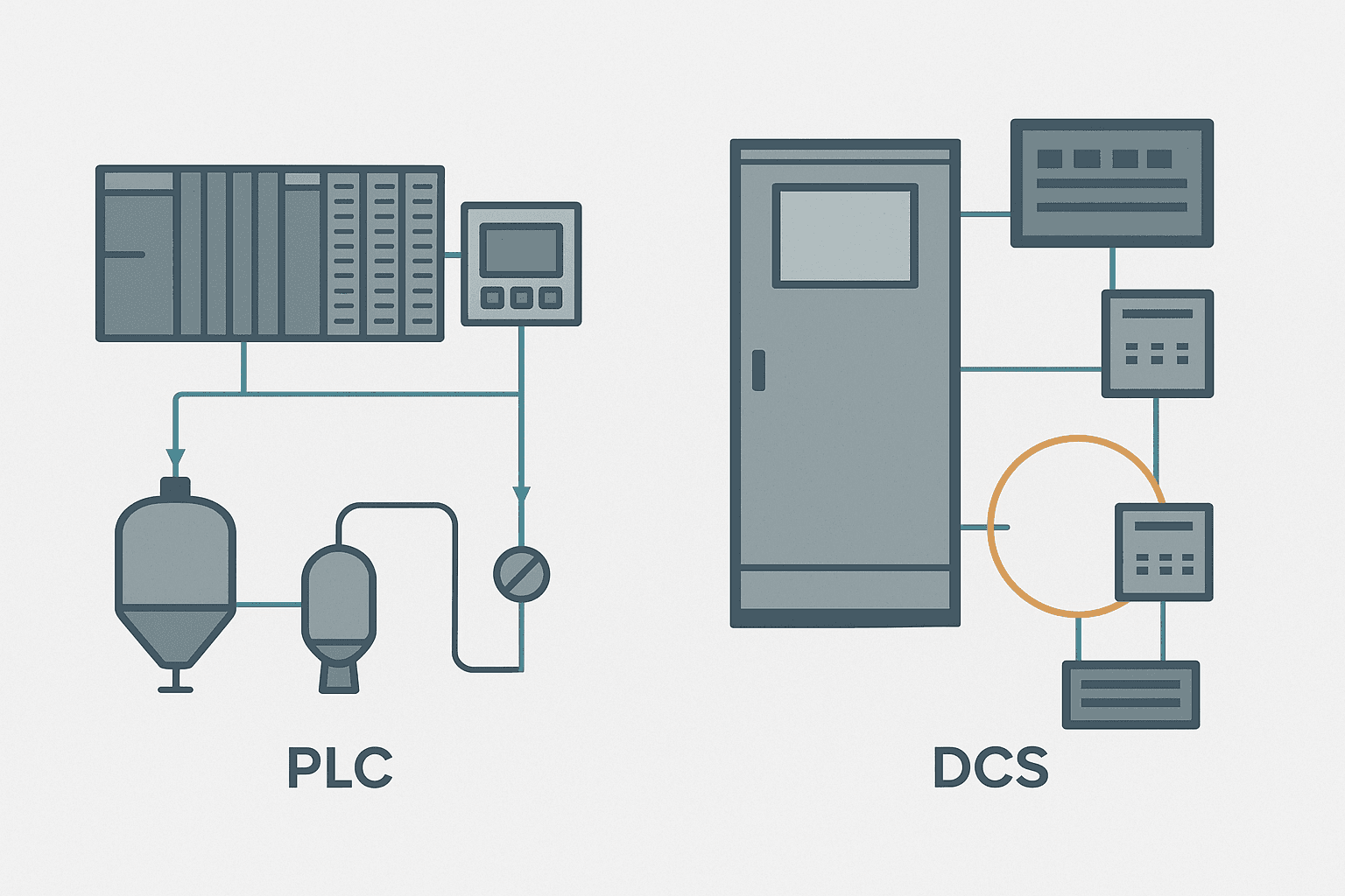 Flat vector diagram comparing a PLC rack control system on the left with a distributed DCS cabinet architecture on the right, connected to process plant icons