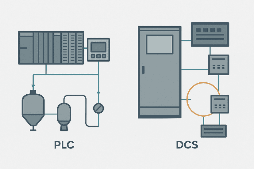 Flat vector diagram comparing a PLC rack control system on the left with a distributed DCS cabinet architecture on the right, connected to process plant icons
