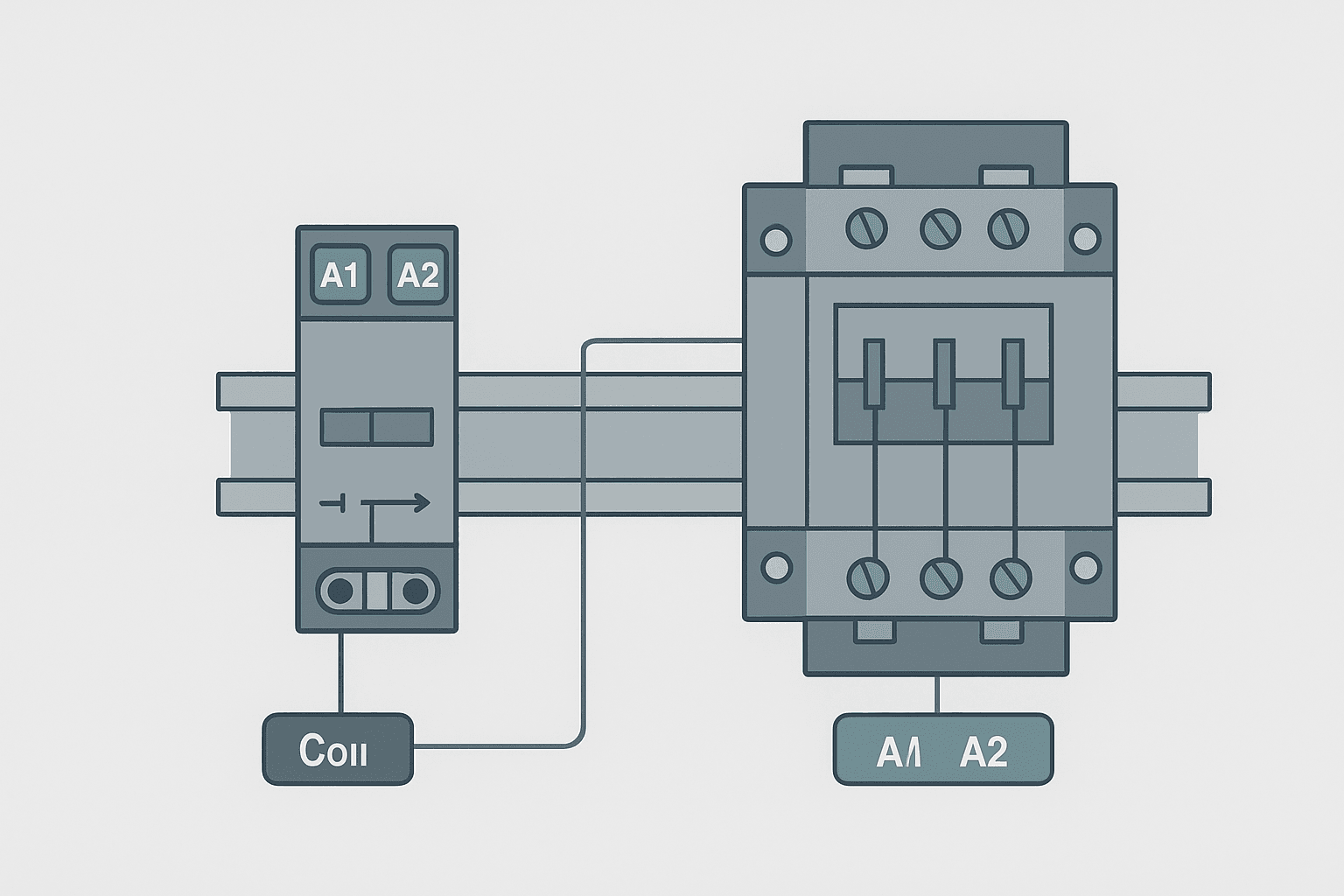 Flat vector diagram comparing a small control relay and a 3-phase contactor side by side on a DIN rail, with coil terminals and auxiliary contacts labeled