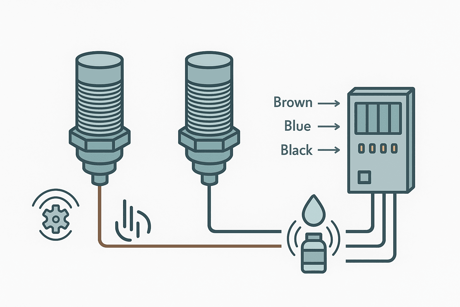 Flat vector diagram comparing an inductive proximity sensor detecting a metal gear and a capacitive proximity sensor detecting a plastic container, both wired to a PLC input module