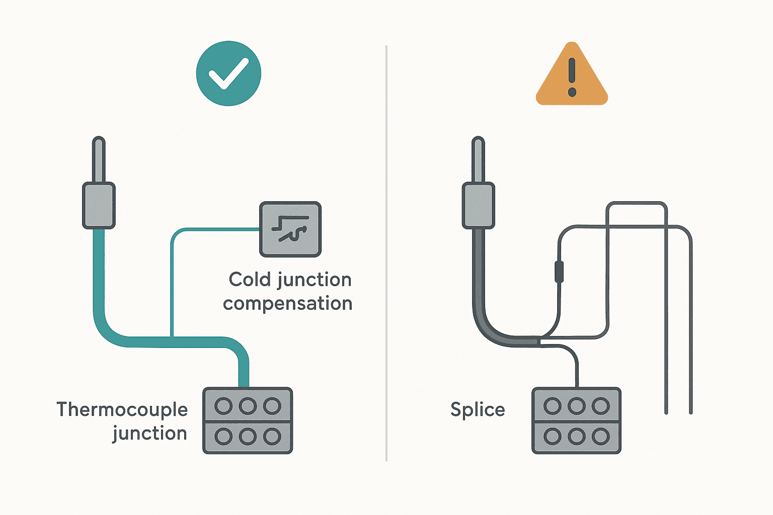 Flat vector diagram comparing correct thermocouple extension wire versus incorrect copper cable splice causing an unintended thermoelectric junction