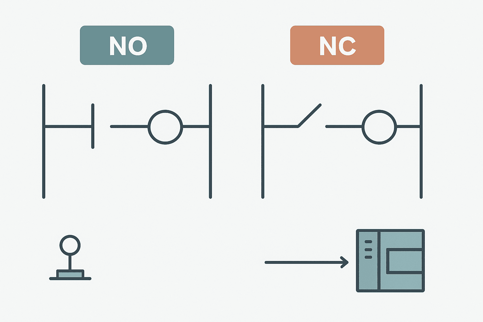 Flat vector diagram comparing normally open and normally closed contact symbols in PLC ladder logic rungs