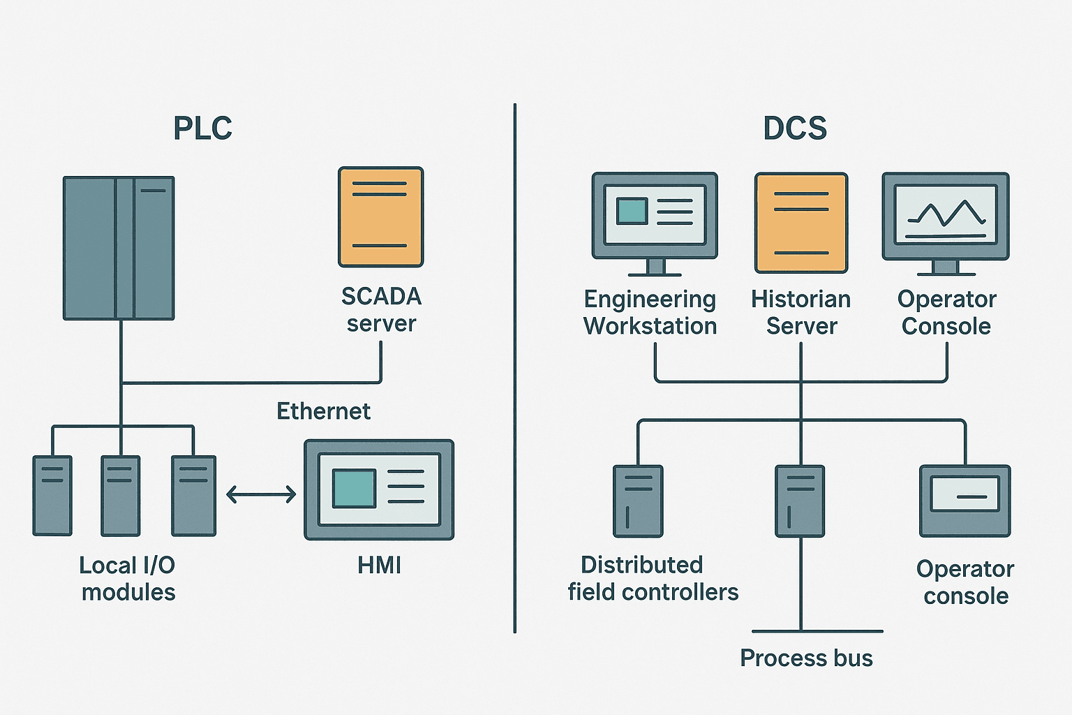 Flat vector diagram comparing PLC-based control architecture with separate SCADA server against a DCS architecture with distributed field controllers and a shared tag database