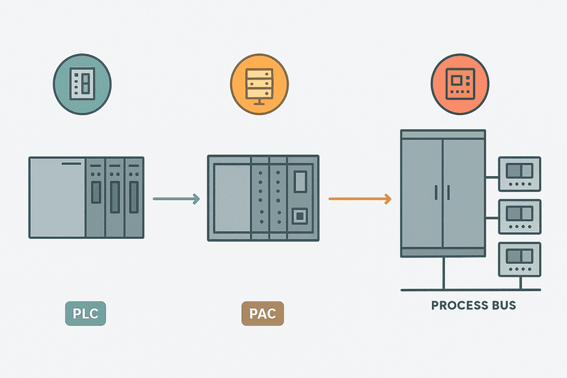 Flat vector diagram comparing PLC, PAC, and DCS controller architectures side by side with I/O modules and network connections illustrated