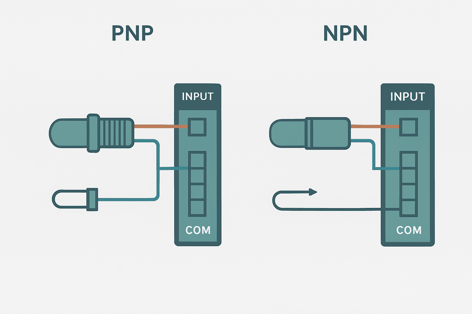 Flat vector diagram comparing PNP proximity sensor wiring to a sourcing PLC input on the left versus NPN proximity sensor wiring to a sinking PLC input on the right with current flow arrows