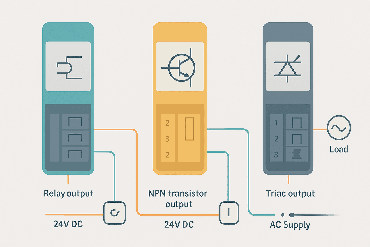 Flat vector diagram comparing relay, transistor and triac PLC output wiring with labeled terminal blocks and load connections