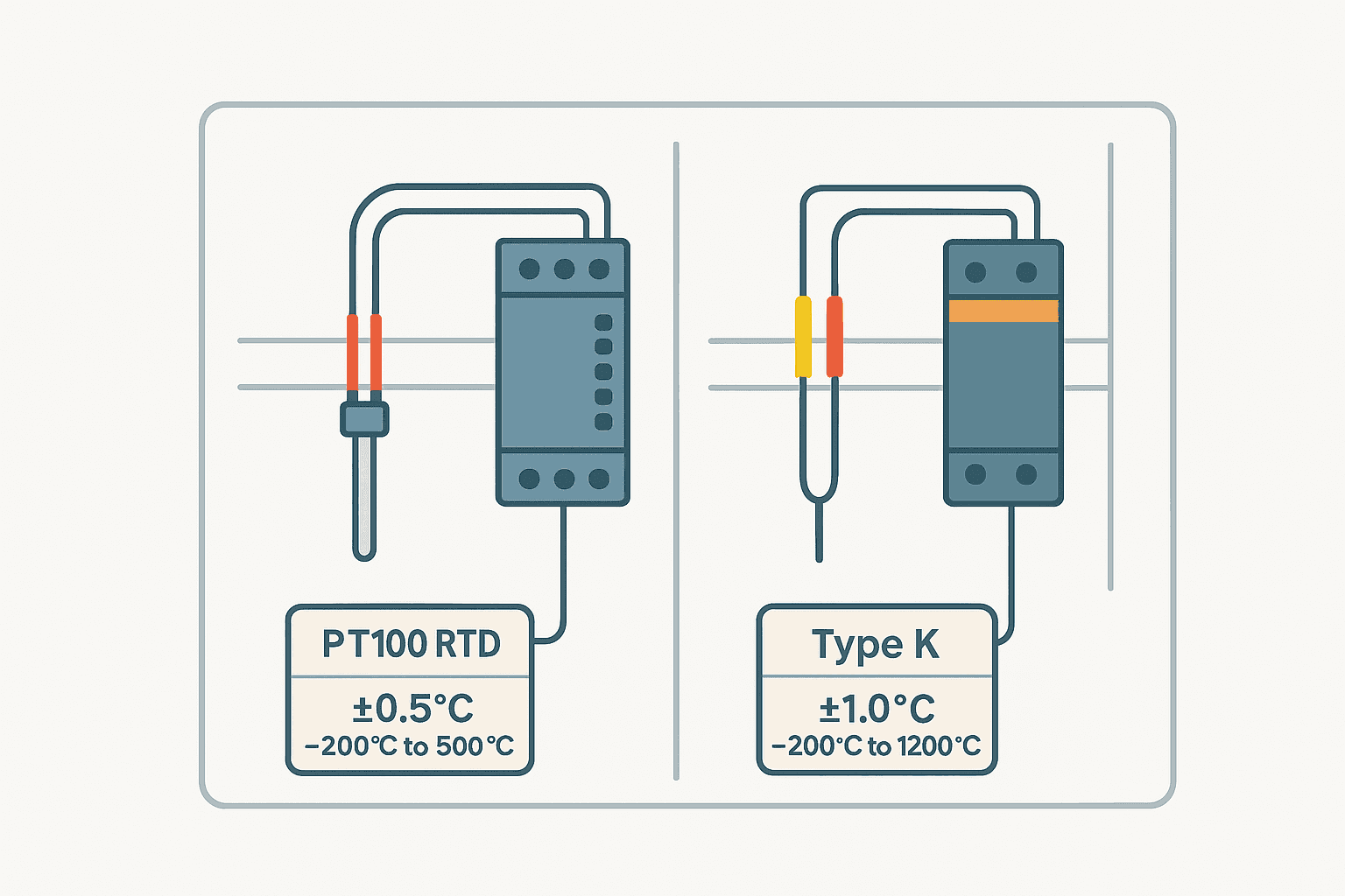 Flat vector diagram comparing RTD and thermocouple wiring to PLC input modules mounted on a DIN rail