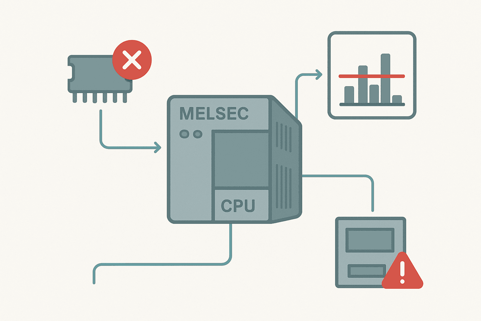 Flat vector diagram illustrating three common Mitsubishi PLC error code sources: program memory checksum fault, scan watchdog timeout, and module configuration mismatch