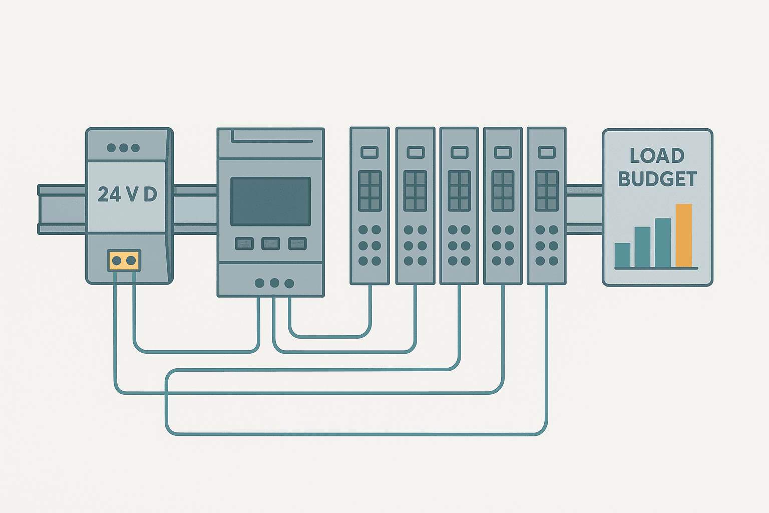 Flat vector diagram of a 24 VDC power supply connected to PLC CPU and I/O modules with a load budget bar chart showing current draw approaching the 80 percent threshold for PLC power supply fault prevention