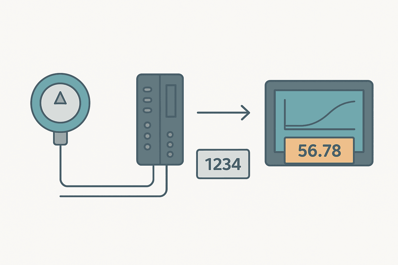 Flat vector diagram of a 4-20 mA transmitter wired to a PLC analog input module with raw count scaling to engineering units for an HMI display
