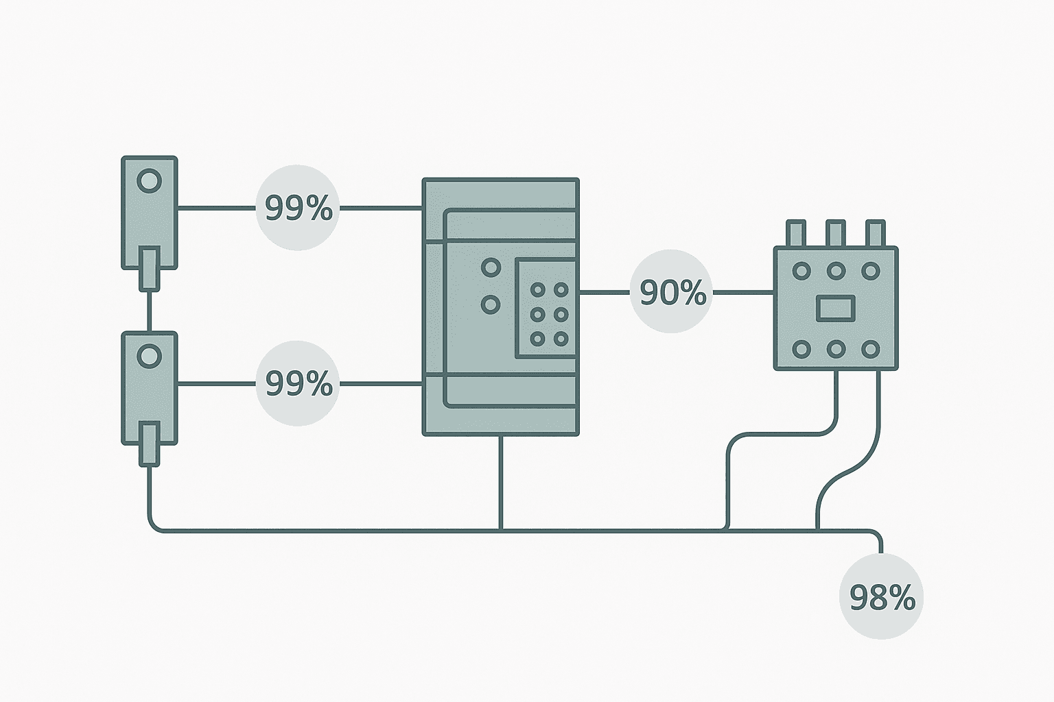 Flat vector diagram of a dual-channel safety door switch circuit wired to a safety relay with EDM contactor feedback illustrating diagnostic coverage