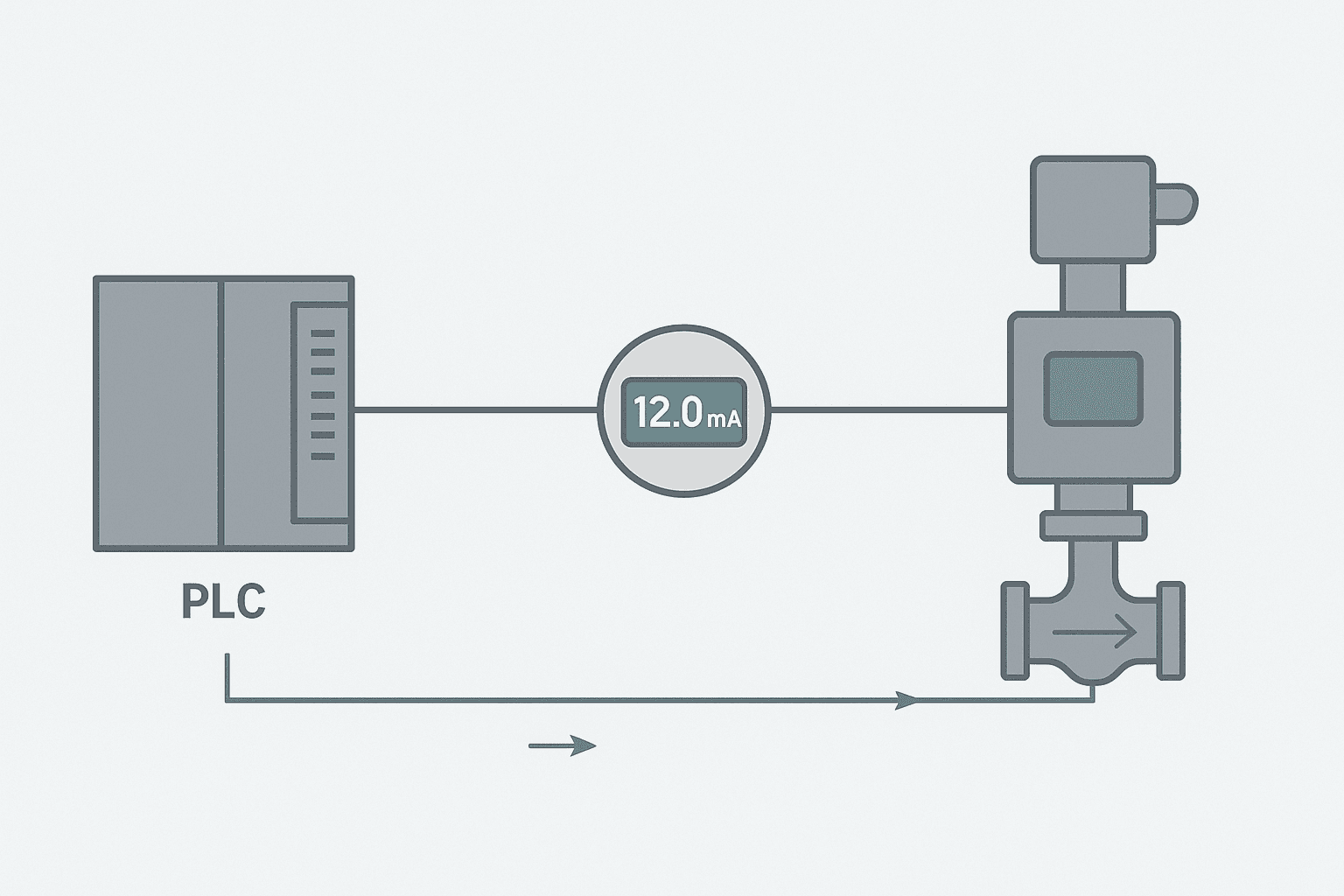 Flat vector diagram of a PLC analog output 4-20 mA loop with an inline milliamp meter measuring current between the module terminal and a control valve positioner