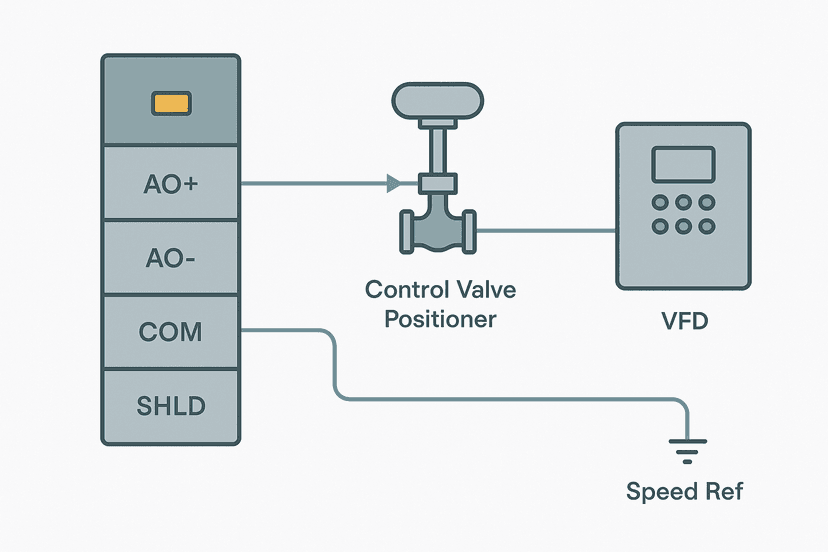 Flat vector diagram of a PLC analog output module wired to a control valve positioner on a 4-20 mA loop and a VFD on a 0-10 V voltage output channel