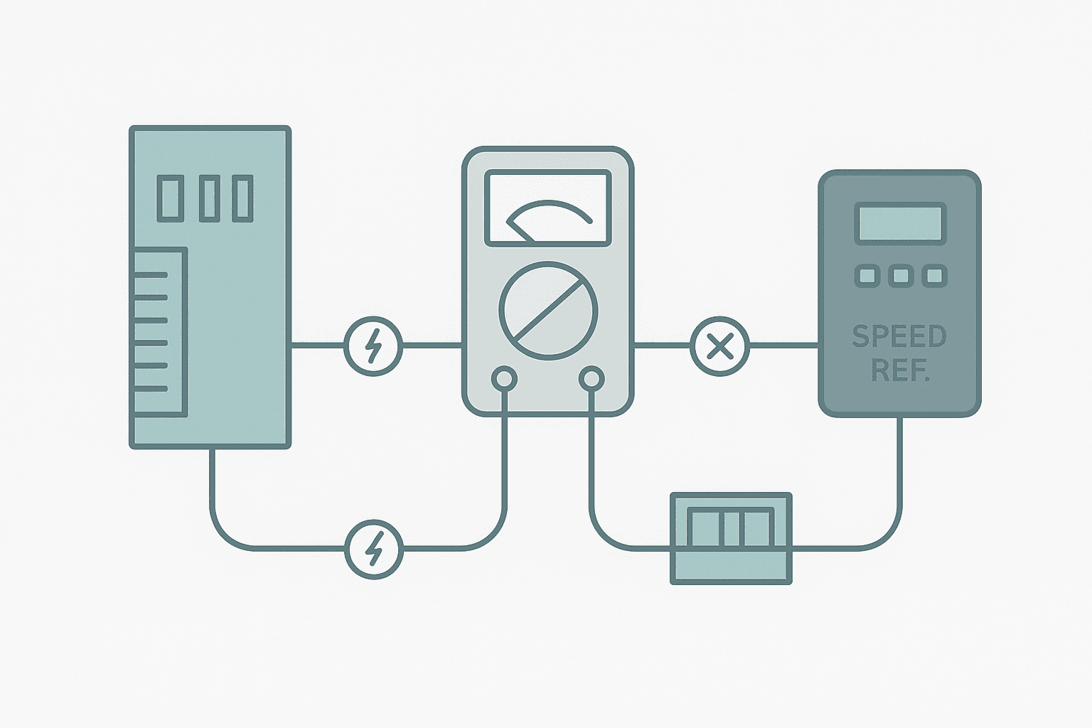 Flat vector diagram of a PLC analog output module wiring to a VFD with a multimeter measuring the 4-20 mA current loop and fault indicators at key points