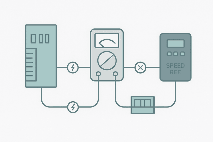 Flat vector diagram of a PLC analog output module wiring to a VFD with a multimeter measuring the 4-20 mA current loop and fault indicators at key points
