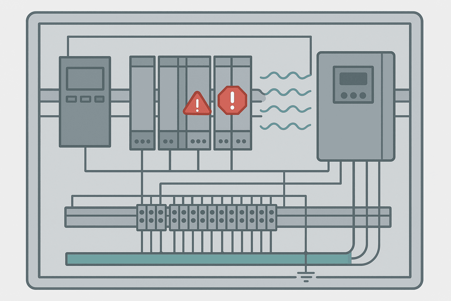 Flat vector diagram of a PLC control panel showing VFD-generated electrical noise radiating toward analog signal cables and I/O modules
