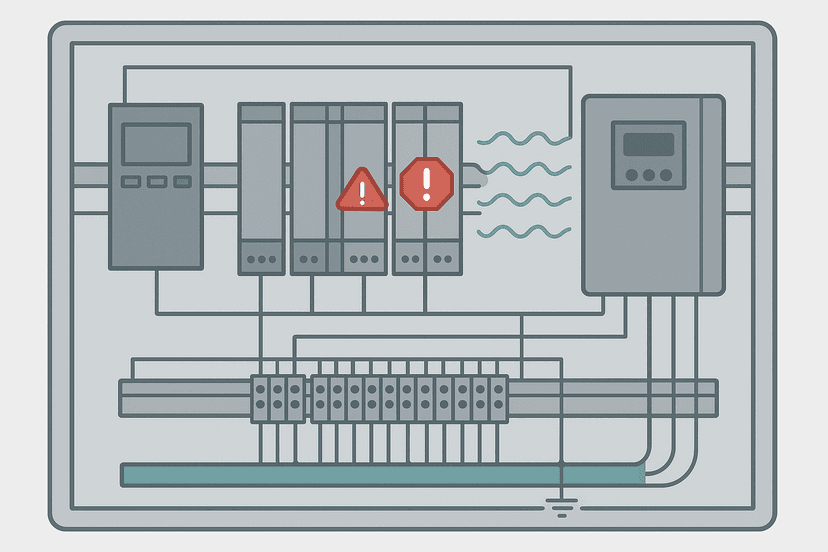 Flat vector diagram of a PLC control panel showing VFD-generated electrical noise radiating toward analog signal cables and I/O modules