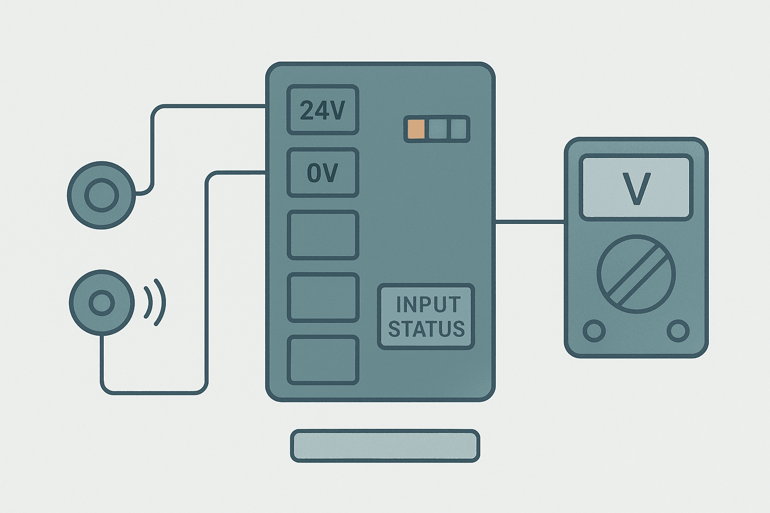 Flat vector diagram of a PLC digital input module with sensor wiring and a multimeter measuring input voltage at a terminal block
