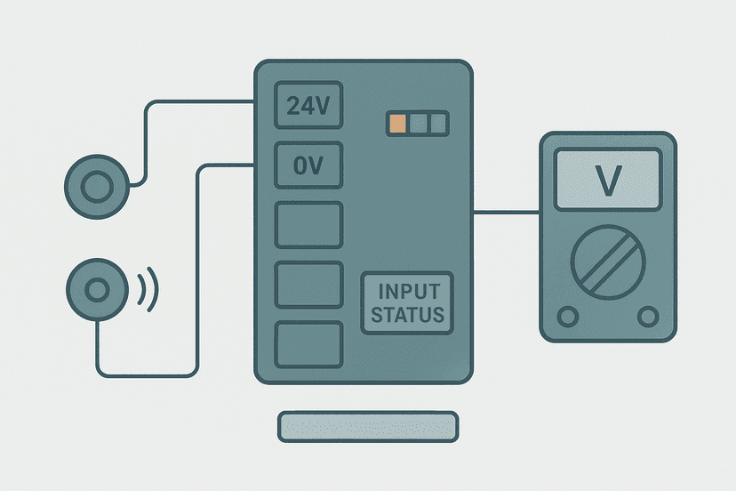 Flat vector diagram of a PLC digital input module with sensor wiring and a multimeter measuring input voltage at a terminal block