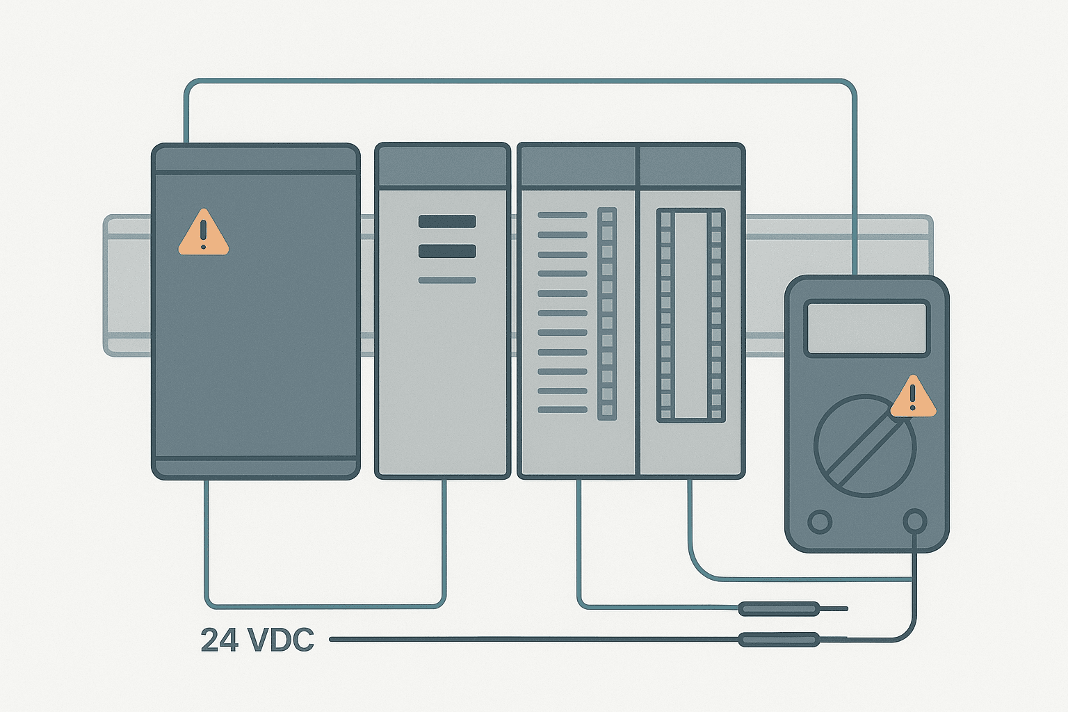Flat vector diagram of a PLC rack showing a power supply module, CPU and I/O modules with a multimeter probing the 24 VDC supply rail, illustrating PLC power supply fault diagnosis