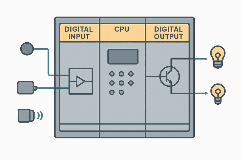 Flat vector diagram of a PLC rack showing input module connected to field sensors and output module connected to actuators with signal path arrows through optocouplers