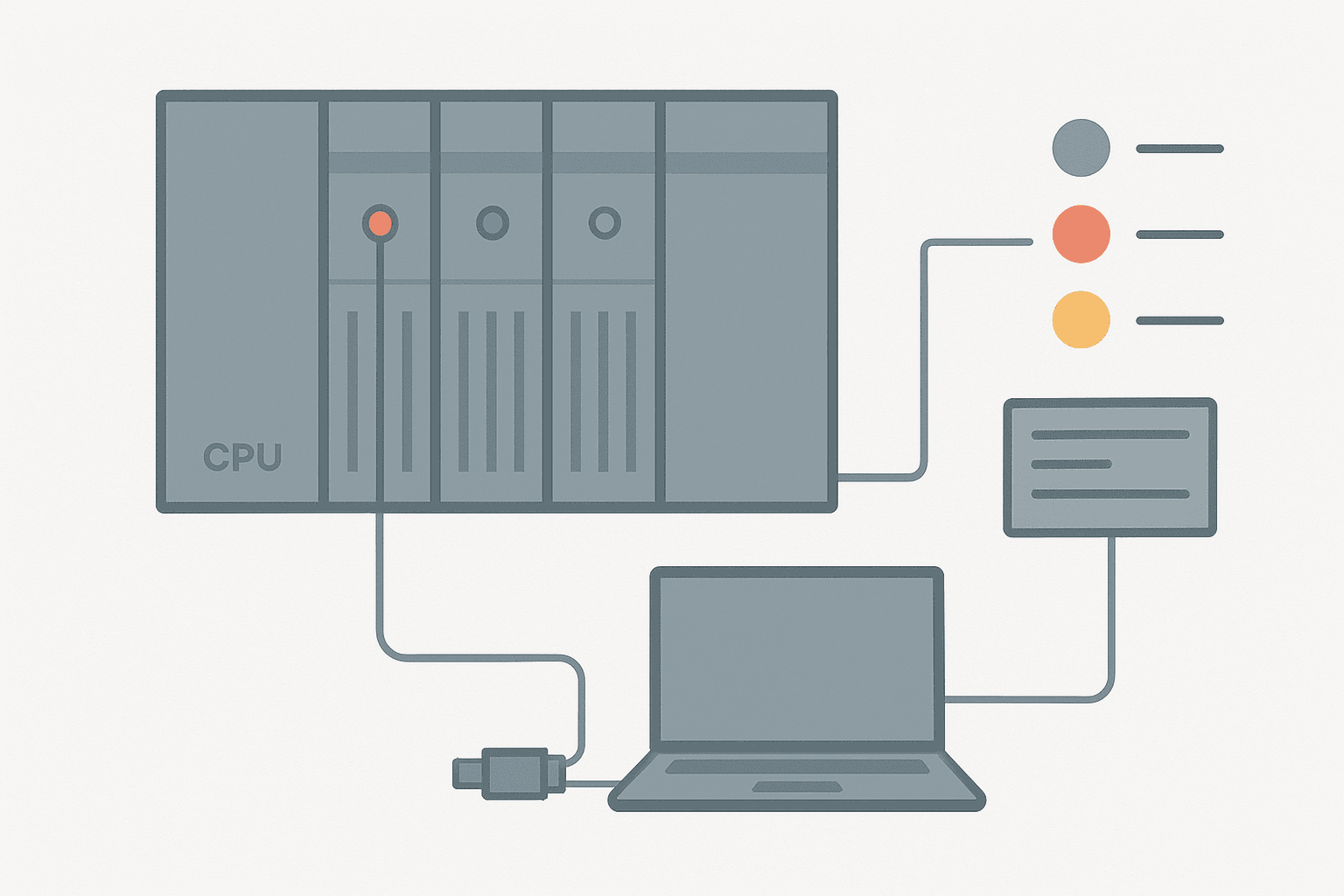 Flat vector diagram of a PLC rack with a CPU module displaying a red fault LED and a diagnostic laptop connected for fault code reading