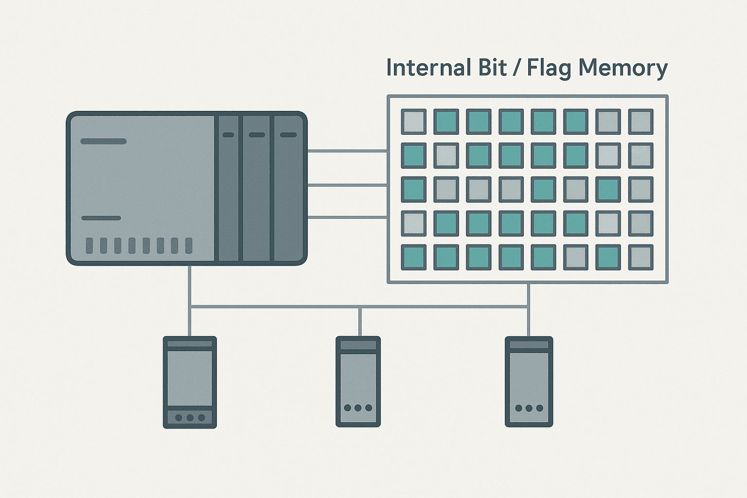 Flat vector diagram of a PLC rack with internal bit memory cells highlighted in teal and grey showing how internal flags connect input and output logic rungs