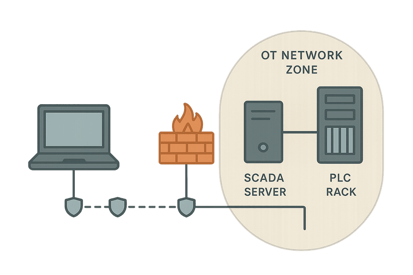 Flat vector diagram of a SCADA remote access architecture showing a laptop connecting through a VPN tunnel and dual firewalls to a SCADA server and PLC rack in a segmented OT network